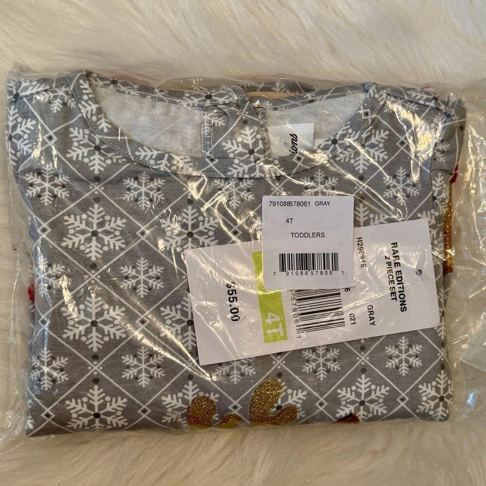 Rare Editions Gray Snowflake Reindeer Red Stripe Pants Set 4T NWT Girls Holiday - Picture 7 of 7